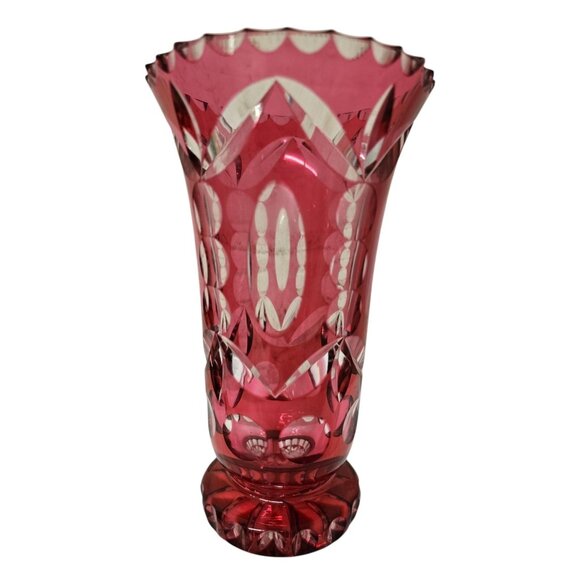 7" Crystal Vase Cranberry cut to Clear Floral Geometric Design - Picture 1 of 8